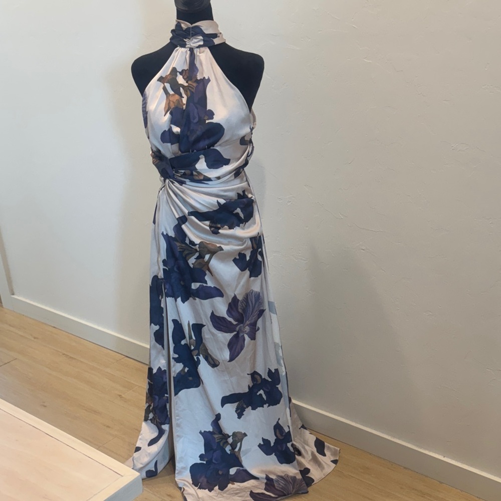 Luxxel Blue and White Floral Halter Maxi Dress